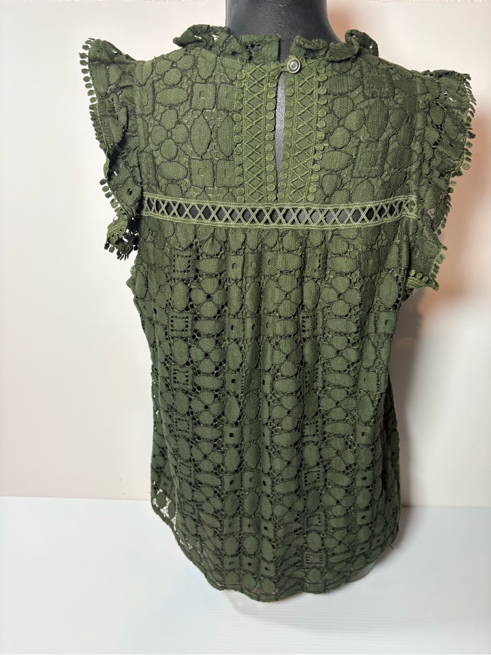 Anthropologie Olive Green Crochet Lace Flutter Sleeve Top - Picture 2 of 6